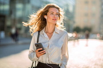 Modern Commute: A confident woman, immersed in a world of music, strides gracefully through the urban landscape, embodying the fusion of modern technology and professional grace.