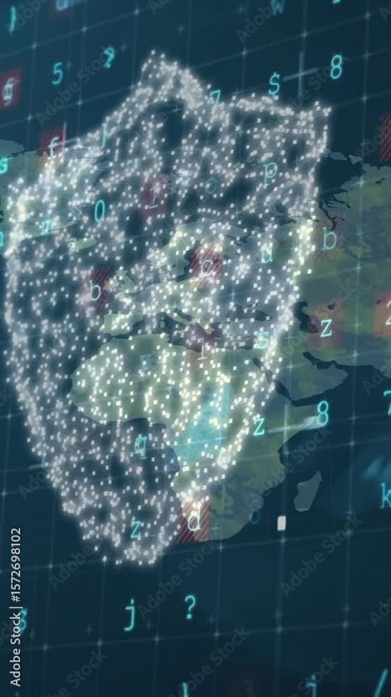 Poster animation of shield, digital data processing and world map over dark background