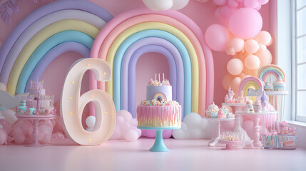 Magical Sixth Birthday Celebration: An enchanting pastel-themed birthday scene for a sixth celebration, complete with a vibrant rainbow, delightful cake, and an ambiance of pure joy.
