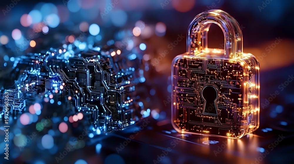 Poster glowing digital padlock with circuit pattern on dark background with bokeh lights represents cyberse