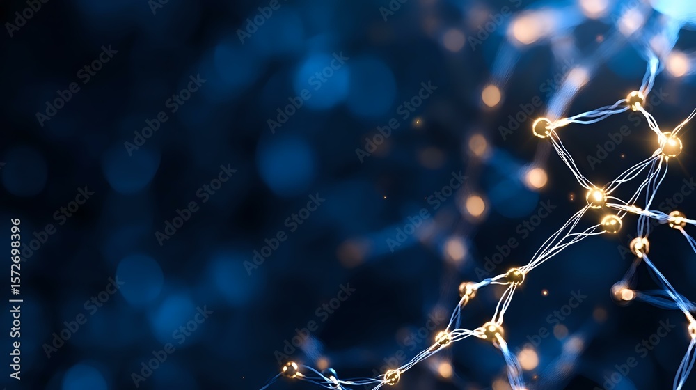 Poster glowing neural network connections on dark blue background with bokeh effect illustrates artificial 