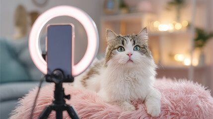 Cat Influencer Ready for a Live Stream: A fluffy longhair cat with striking green eyes sits poised on a pink fluffy surface, ready for its close-up.