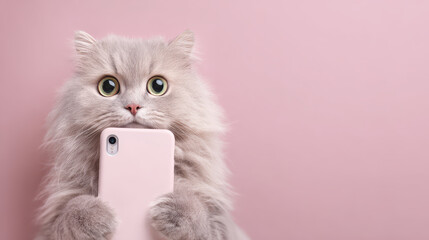 Fluffy Selfie Cat: A fluffy, adorable cat with wide eyes holds up a pink smartphone, appearing to take a selfie against a simple, soft pink backdrop.