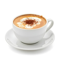 Freshly Brewed Cappuccino in White Ceramic Cup with Saucer – A hot cup of cappuccino topped with milk foam and a sprinkle of cocoa, served in a clean white cup and saucer, realistic detail on white ba