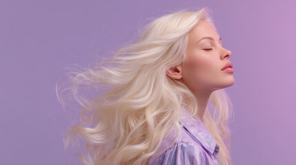 Serene Beauty in Motion: A portrait of a woman with flowing blonde hair, eyes gently closed, embodying a moment of peaceful serenity against a subtle background.
