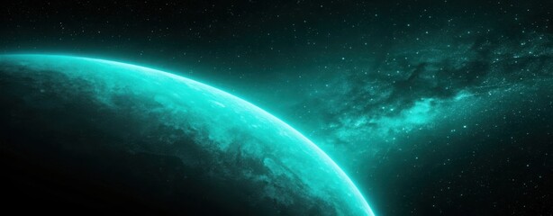 Glowing teal planet orbiting through a starry nebula in deep space