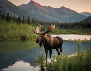 A moose standing in a Montana mountain lake at dusk. A beautiful wallpaper with a mountain and plants. red deer in Yellowstone National Park.