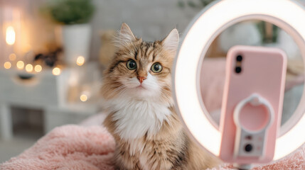 Charming Feline Content Creator: An endearing tabby cat gazes inquisitively at the camera, perfectly lit by a modern ring light, hinting at its online persona in a cozy environment.