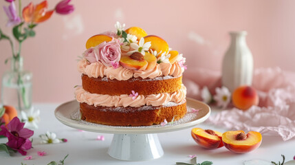 Elegant Peach Cake: An elegant, two-tiered cake adorned with fresh peaches and delicate flowers, presented on a white pedestal, radiating sweetness and charm.