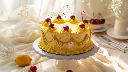 Lemon Cherry Delight: A visually stunning lemon cake adorned with a crown of fresh cherries, set atop an elegant cake stand and garnished with scattered cherries and a lemon.