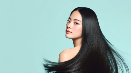 Asian Beauty: A captivating beauty, of Asian descent, radiates timeless beauty with sleek, healthy hair. Her profile exudes grace and serenity.