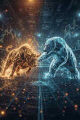 Bitcoin Bull vs. Crypto Bear – Epic Clash in Futuristic Digital Arena (Symbolic Battle of Market Forces)
