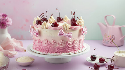 Cherry Dream Cake: A decadent cherry cake, adorned with vibrant cherries and delicate decorations, is a feast for the eyes, evoking a sense of joy and celebration.