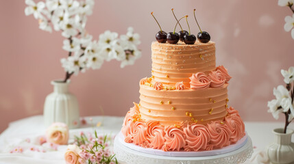 Elegant Tiered Cake: A beautifully crafted tiered cake, adorned with luscious icing and topped with fresh cherries, sits amidst a delicate floral arrangement.