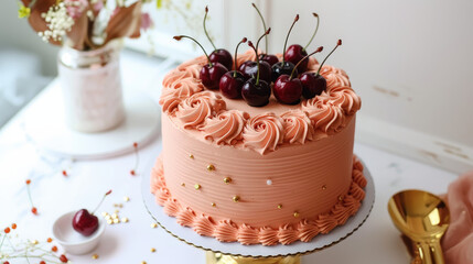 Sweet Cherry Cake Delight: A delectable single-tier cake adorned with fresh cherries, elegantly displayed on a pedestal, presenting a sweet temptation for the senses. 