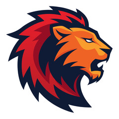 Aggressive lion head mascot with fiery mane in profile view