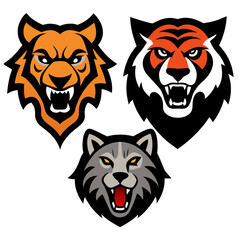 Fierce animal heads including a tiger a wolf and another big cat