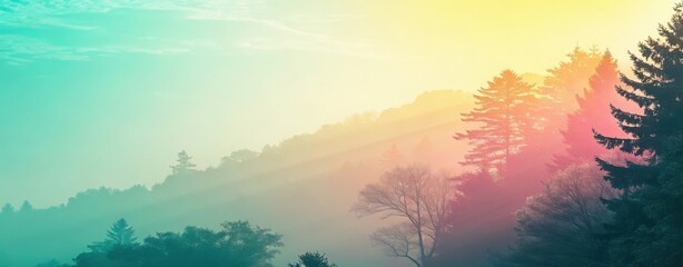 Misty forest landscape with ethereal sunbeams and pastel color gradient