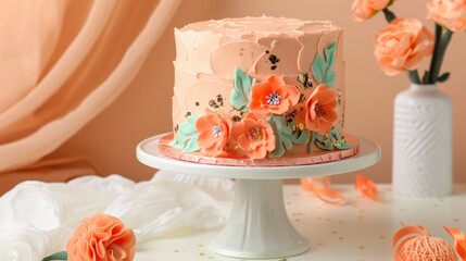 Sweet Celebration Cake: A beautifully decorated cake with delicate floral elements, sitting on a pristine white cake stand, ready to celebrate a special occasion.