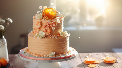 Layered Sweet Delight: A beautifully decorated layered cake takes center stage on a white cake stand, adorned with intricate floral details and a vibrant citrus garnish, all bathed in soft.