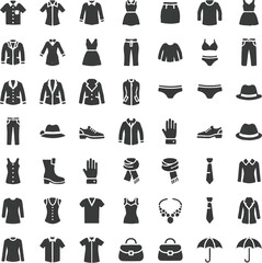 Vector art of a large set of black and white clothing icons isolated on transparent background
