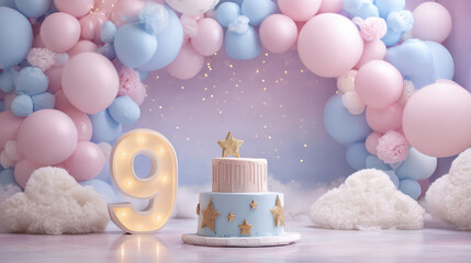 Birthday Celebration: A dreamy scene of pastel-colored balloons and clouds surrounds a delightful birthday cake, with a glowing number "9" at the center, celebrating a special day.