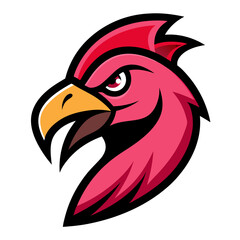 Aggressive pink rooster head mascot with fierce eyes and yellow beak