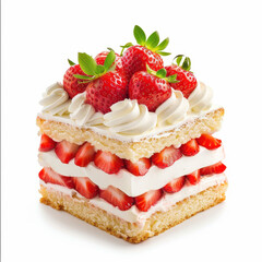 Sweet Strawberry Delight: A delectable strawberry shortcake layered with fresh strawberries, whipped cream, and a golden pastry base, promising a burst of freshness and a touch of sweetness.