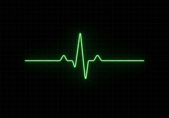 Naklejka premium A bright green glowing heart rate line on a dark, grid-patterned background, perfect for symbolizing medical monitoring, life, health, and vital signs.