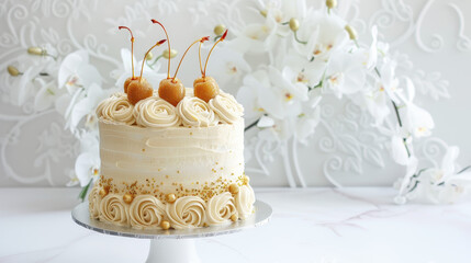Elegant Vanilla Cake with Cherries: A delectable vanilla cake adorned with buttercream frosting, glistening cherries, and golden sprinkles, set against a backdrop of elegant white orchids.