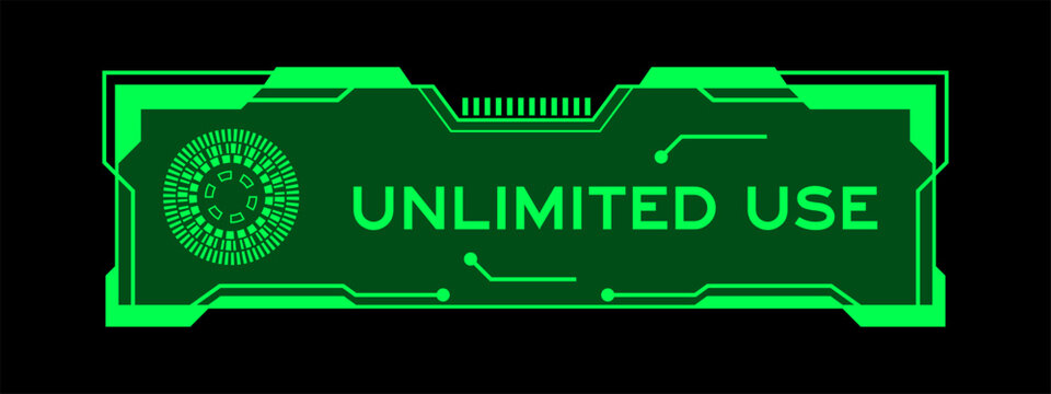 Green color of futuristic hud banner that have word unlimited use on user interface screen on black background