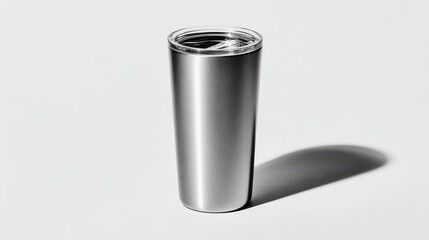 Modern Thermal Tumbler: A sleek, stainless steel tumbler with a transparent lid, casting a dynamic shadow on a minimalist backdrop, embodying both form and function.