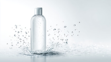 Fresh Hydration Splash: A sleek, transparent bottle of refreshing liquid sits amidst a dynamic splash of water, capturing the essence of purity and hydration.