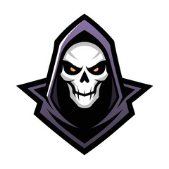 Fierce grim reaper skull character with glowing eyes and purple hood