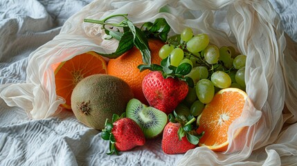 Juicy fruits and berries in gentle fabric image. Vintage still life with oranges, strawberries, grape and strawberry photography scene photorealistic. Harvest concept photo realistic