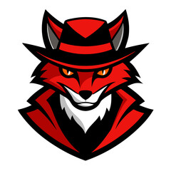 Stylized red fox mascot wearing a fedora and trench coat