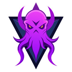 Kraken Mascot with Purple Tentacles, Glowing Eyes, and Aquatic Gradients Rising from a Triangular Emblem