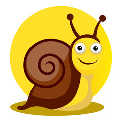 Cute cartoon yellow snail with big eyes and a happy smile on a yellow background