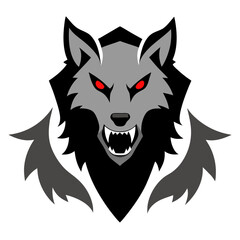 Fierce grey wolf with glowing red eyes and sharp teeth logo