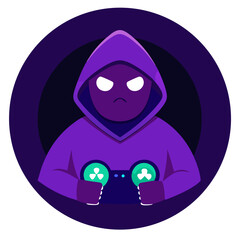 Anonymous hacker in a purple hoodie holding a futuristic controller with glowing buttons