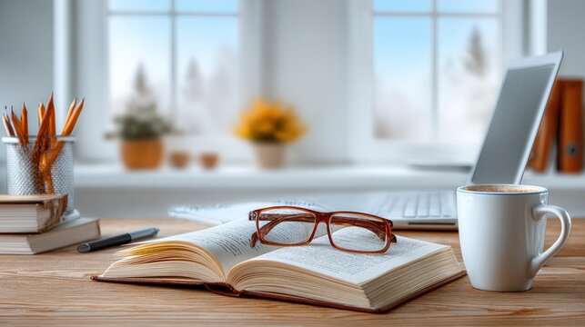 Cozy Workspace in Winter: An open book with reading glasses rests on a wooden desk next to a steaming cup of coffee and a laptop, bathed in the soft light from a snowy winter scene outside the window.