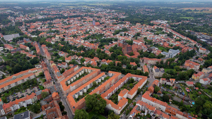 Aerial view around the old town in the city Stendal on an sunny spring afternoon in Germany