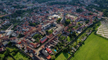 Aerial view around the old town in the city Haldensleben, on a sunny spring day

