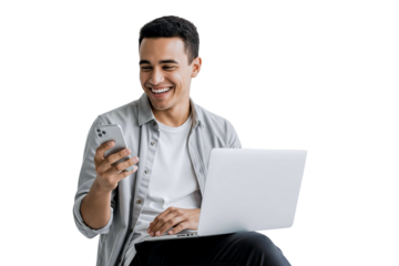 Smilling handsome young man with laptop isolated on white background