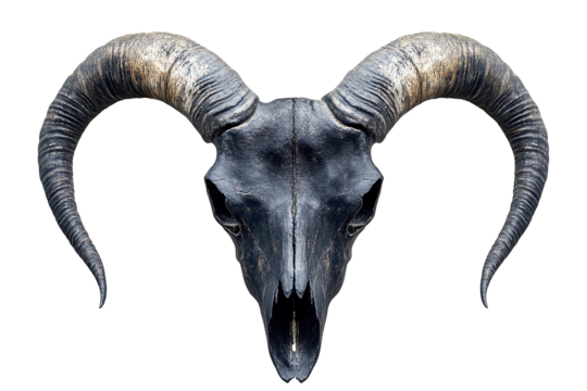 Dark Ram Skull, Isolated on Transparent PNG, Gothic Style, Dramatic Lighting