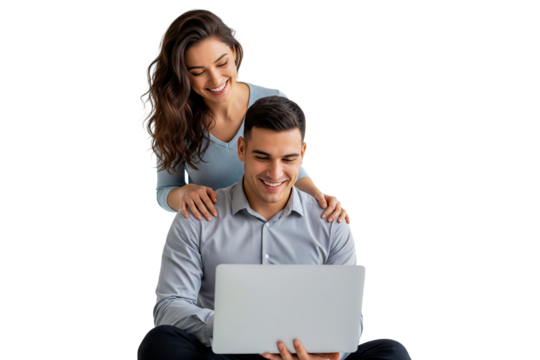 happy couple with laptop isolated on white background - Powered by Adobe