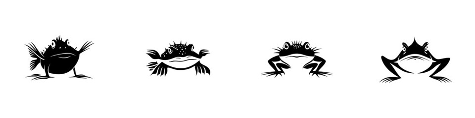 Silhouette pictograms of frogs showcasing different postures and designs for creative projects and educational materials