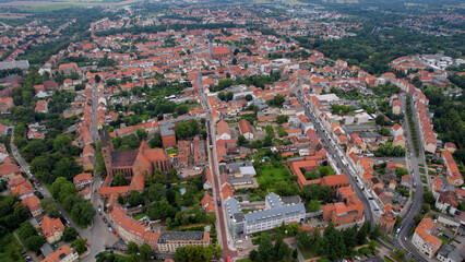 Aerial view around the old town in the city Stendal on an sunny spring afternoon in Germany