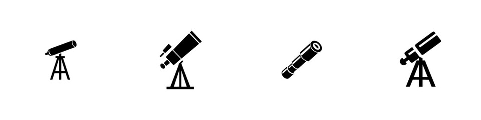 Silhouette pictogram set featuring various telescope designs for astronomy enthusiasts and educators showcasing different angles