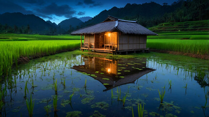 Obraz premium Aurora Sky Over Flooded Rice Fields in the Countryside